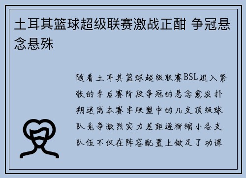 土耳其篮球超级联赛激战正酣 争冠悬念悬殊 土耳其篮球超级联赛激战正酣 争冠悬念悬殊