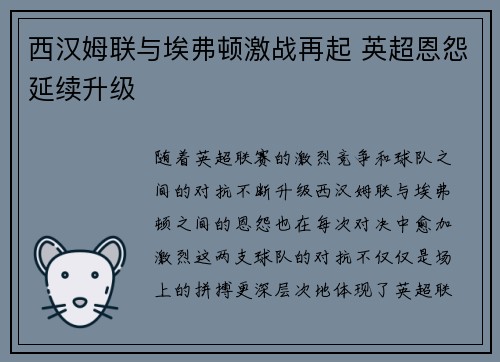 西汉姆联与埃弗顿激战再起 英超恩怨延续升级 西汉姆联与埃弗顿激战再起 英超恩怨延续升级