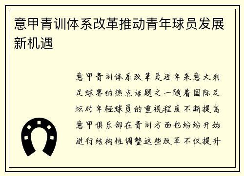 意甲青训体系改革推动青年球员发展新机遇 意甲青训体系改革推动青年球员发展新机遇